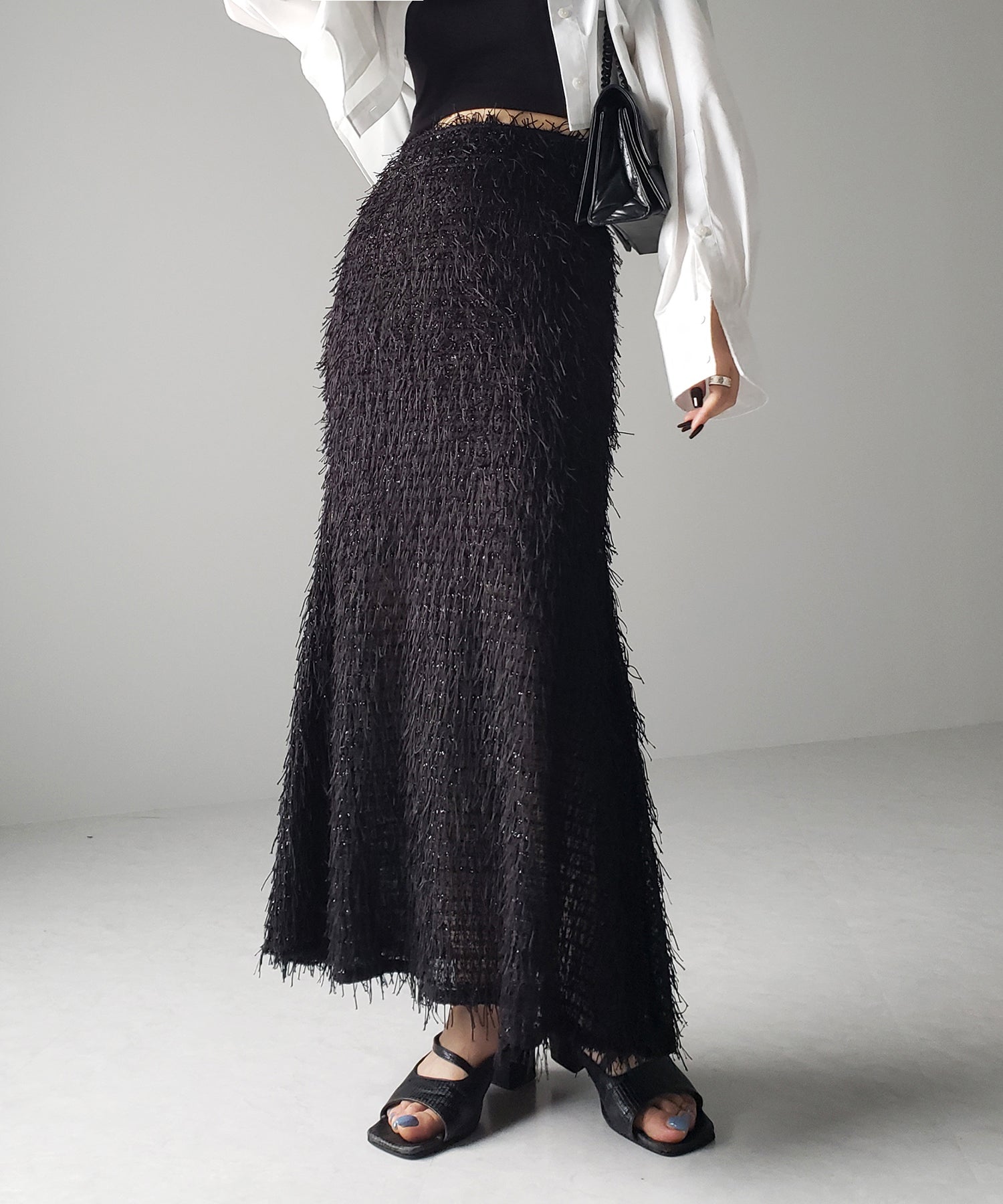 シャギーフリンジロングマーメイドスカート /shaggy fringe long mermaid skirt