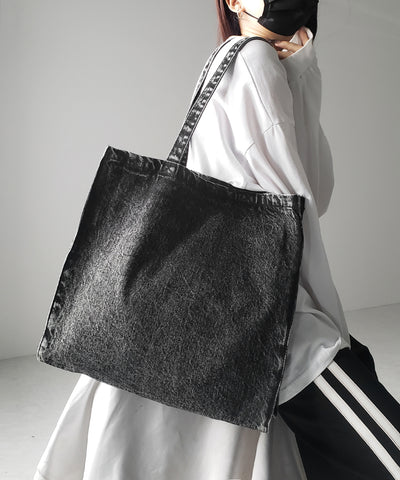 ヴィンテージケミカルブリーチビッグスクエアデニムトートバッグ / vintage chemical bleach big square denim tote bag