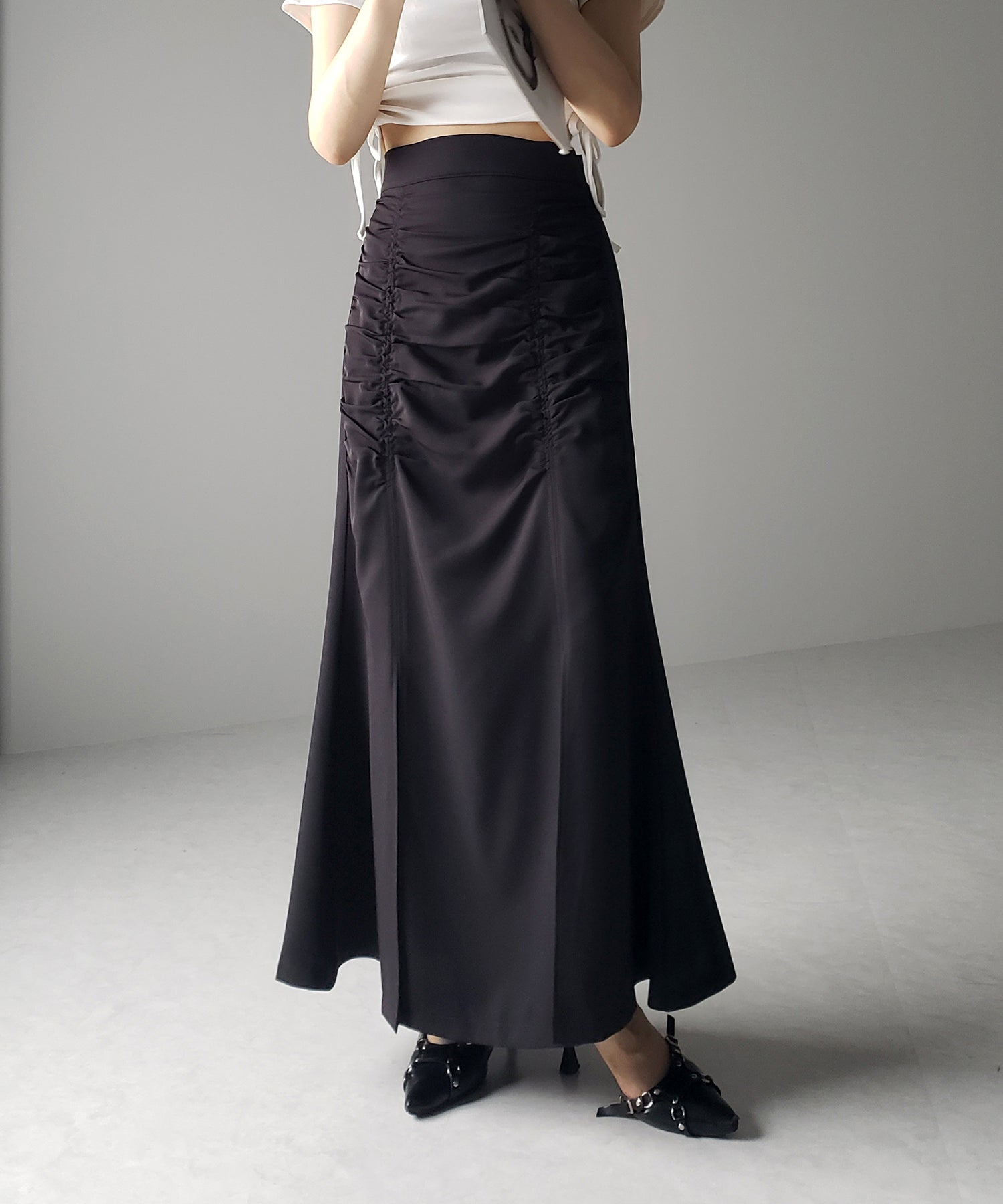 【 3サイズ展開 】 フロントシャーリングスリットロングマーメイドスカート