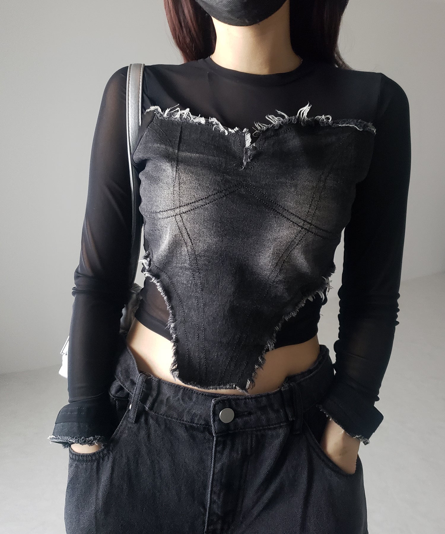 【 2color 】デニムビスチェドッキングシースルートップス