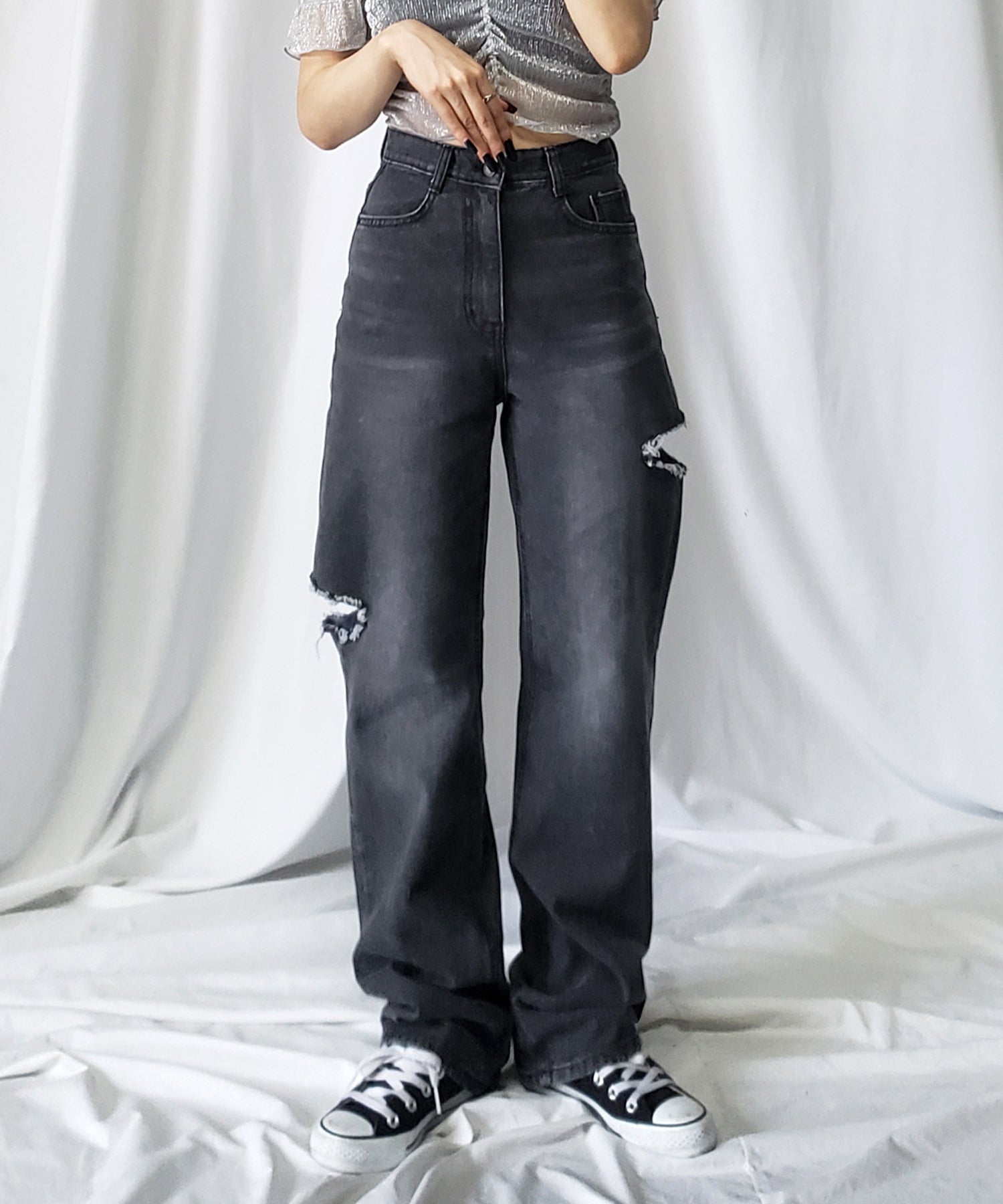【 7color / 3size 】カットアウトサイドスリットロングデニムパンツ