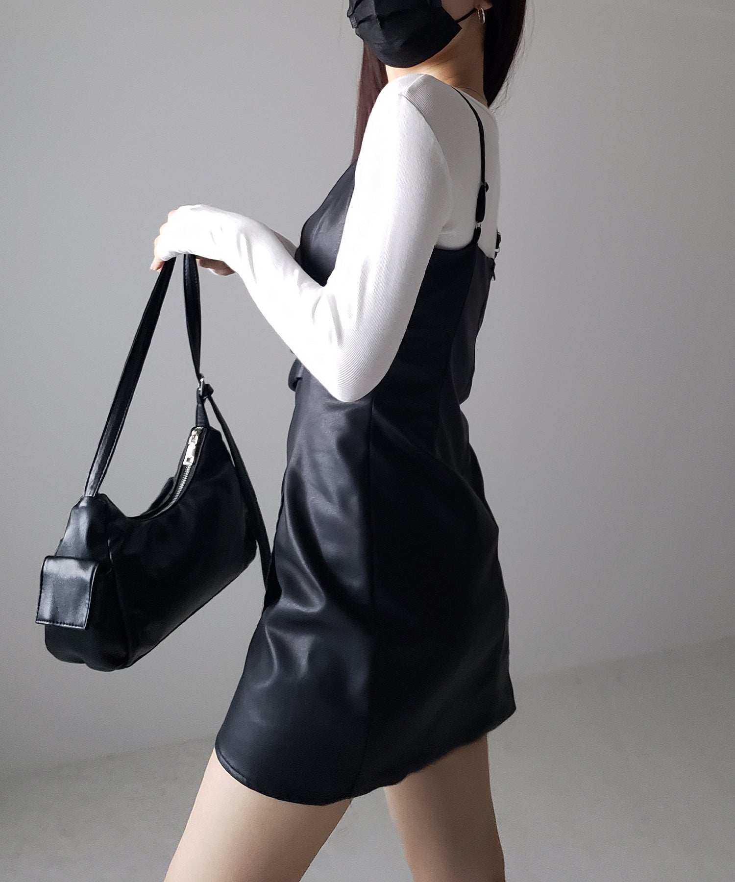 サイドタックフェイクレザーミニキャミワンピース / side tack fake leather mini cami onepiece