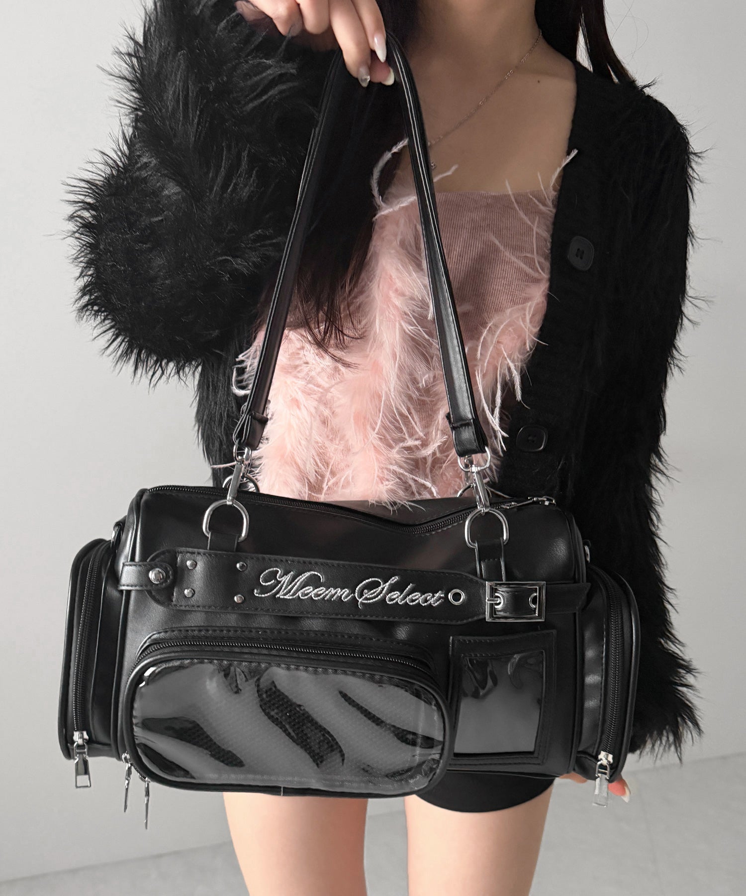 クリアポケット付きレタリング刺繍ショルダーバッグ / clear pocket lettering embroidery shoulder bag