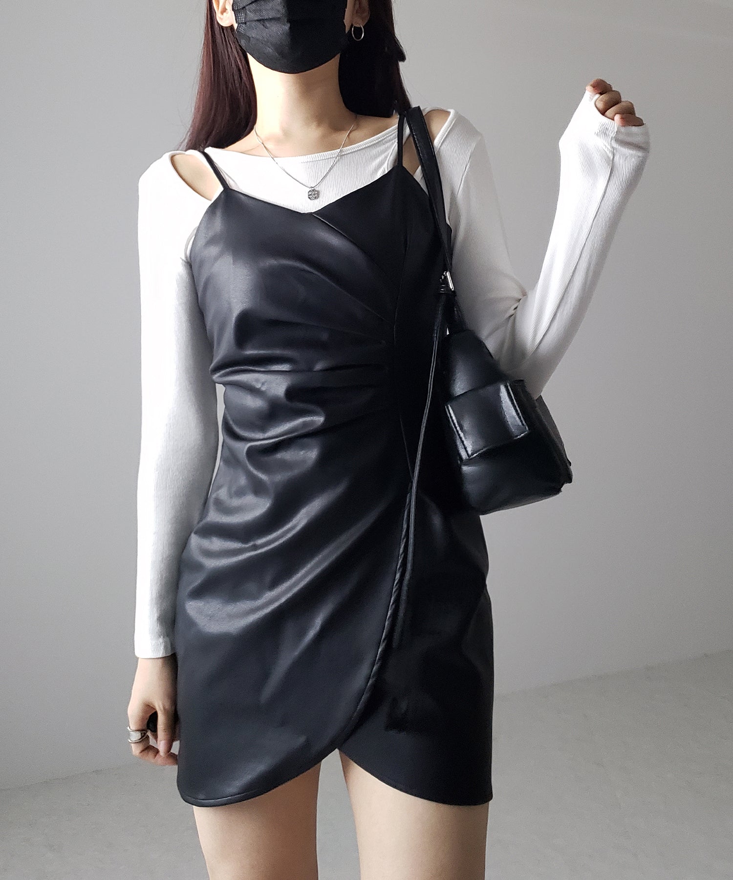 サイドタックフェイクレザーミニキャミワンピース / side tack fake leather mini cami onepiece