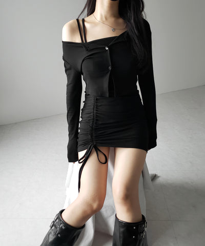 【 2点セット 】シャーリングサイドリボンミニワンピース & カーディガン SET / shirring side ribbon mini onepiece & cardigan SET