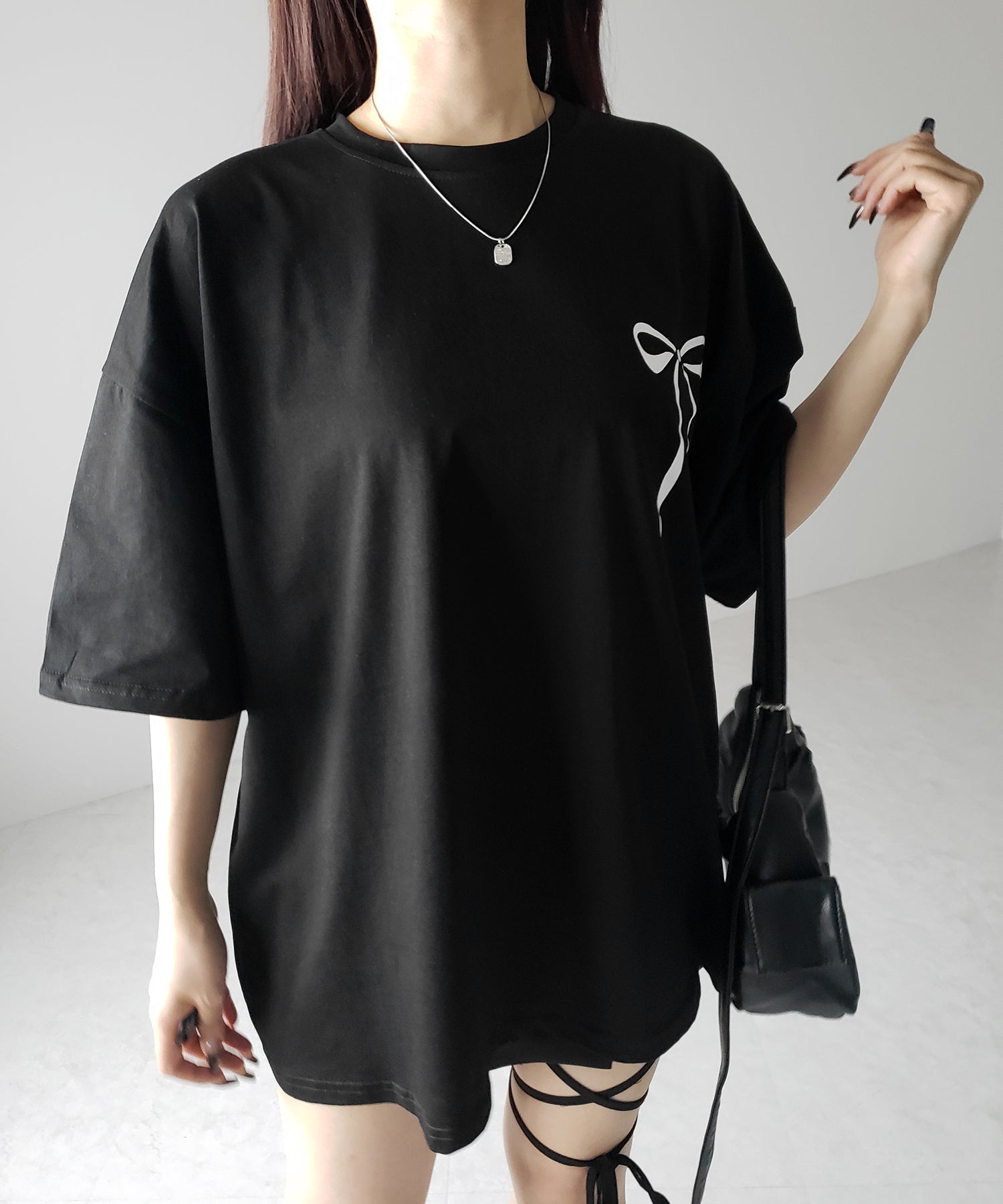 【 3color 】半袖リボンプリントバレエコアビッグTシャツ / short sleeve ribbon print ballet core big Tee