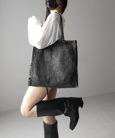 ヴィンテージケミカルブリーチビッグスクエアデニムトートバッグ / vintage chemical bleach big square denim tote bag