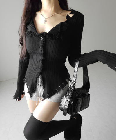 ダメージフリンジリブニットスリムカーディガン / damage fringe rib knit slim cardigan