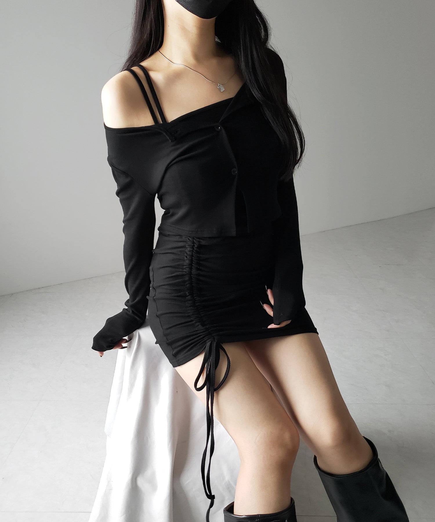 【 2点セット 】シャーリングサイドリボンミニワンピース & カーディガン SET / shirring side ribbon mini onepiece & cardigan SET