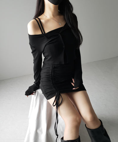 【 2点セット 】シャーリングサイドリボンミニワンピース & カーディガン SET / shirring side ribbon mini onepiece & cardigan SET
