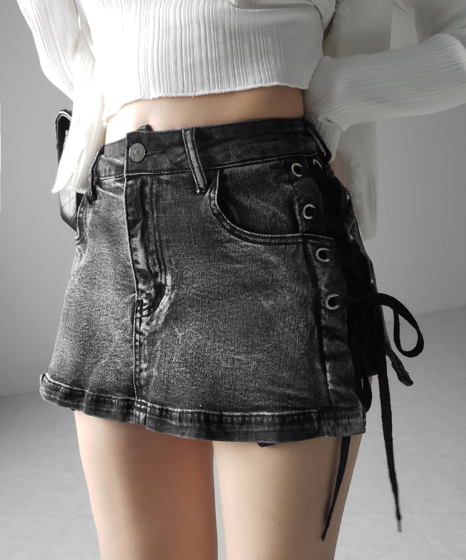 【 インパン裏地付き 】レースアップマイクロデニムミニスカパン / Lace-up micro denim mini skirt pants
