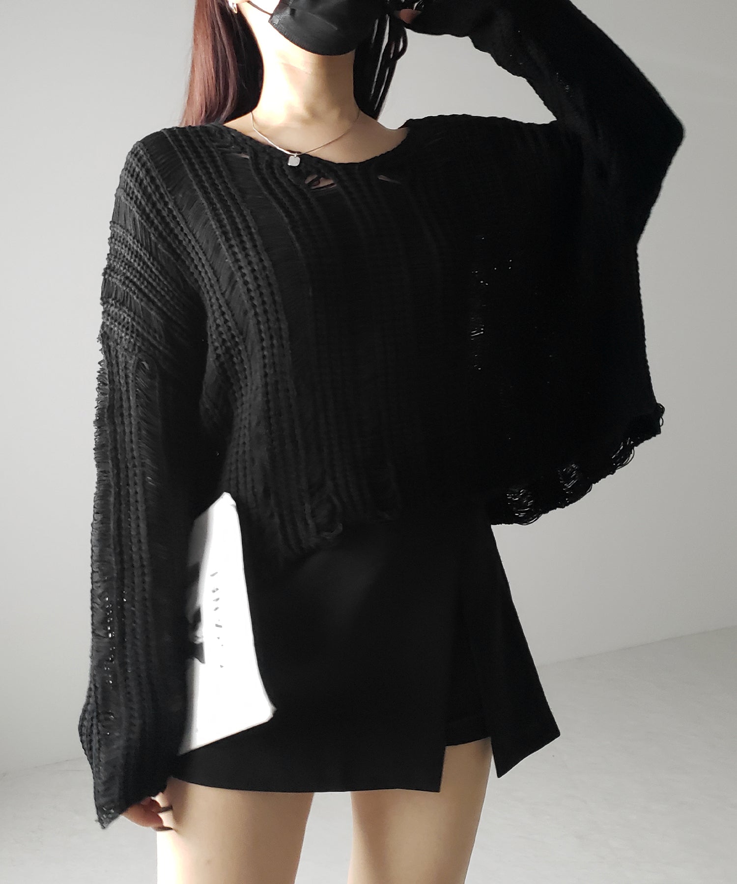 【 3color 】Vネック透かし編みダメージルーズニット