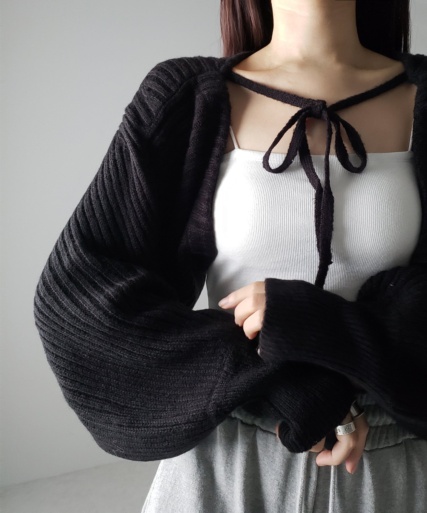 【 9color 】2WAYリボンモヘアライクショートリブニットカーデ