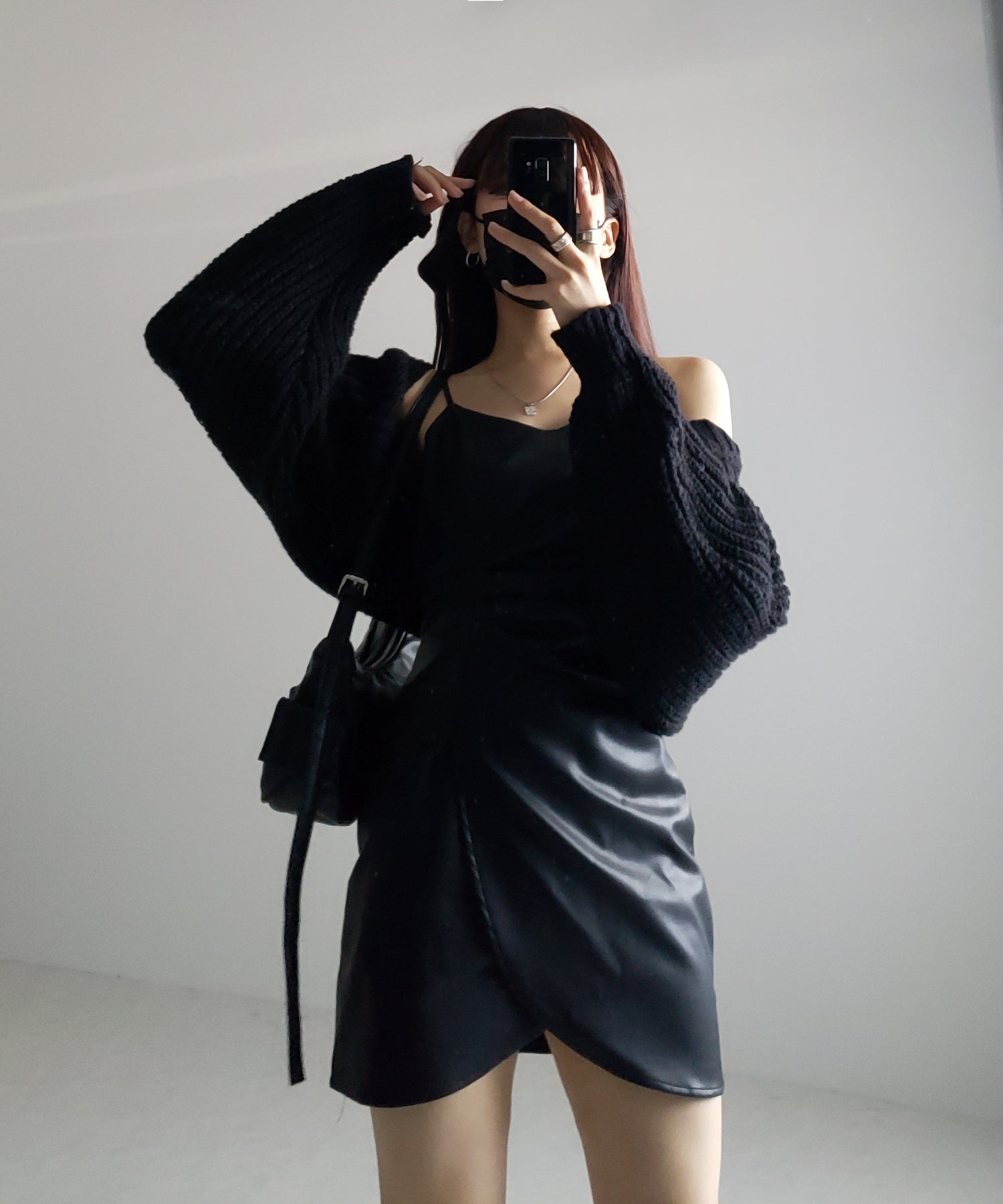 サイドタックフェイクレザーミニキャミワンピース / side tack fake leather mini cami onepiece