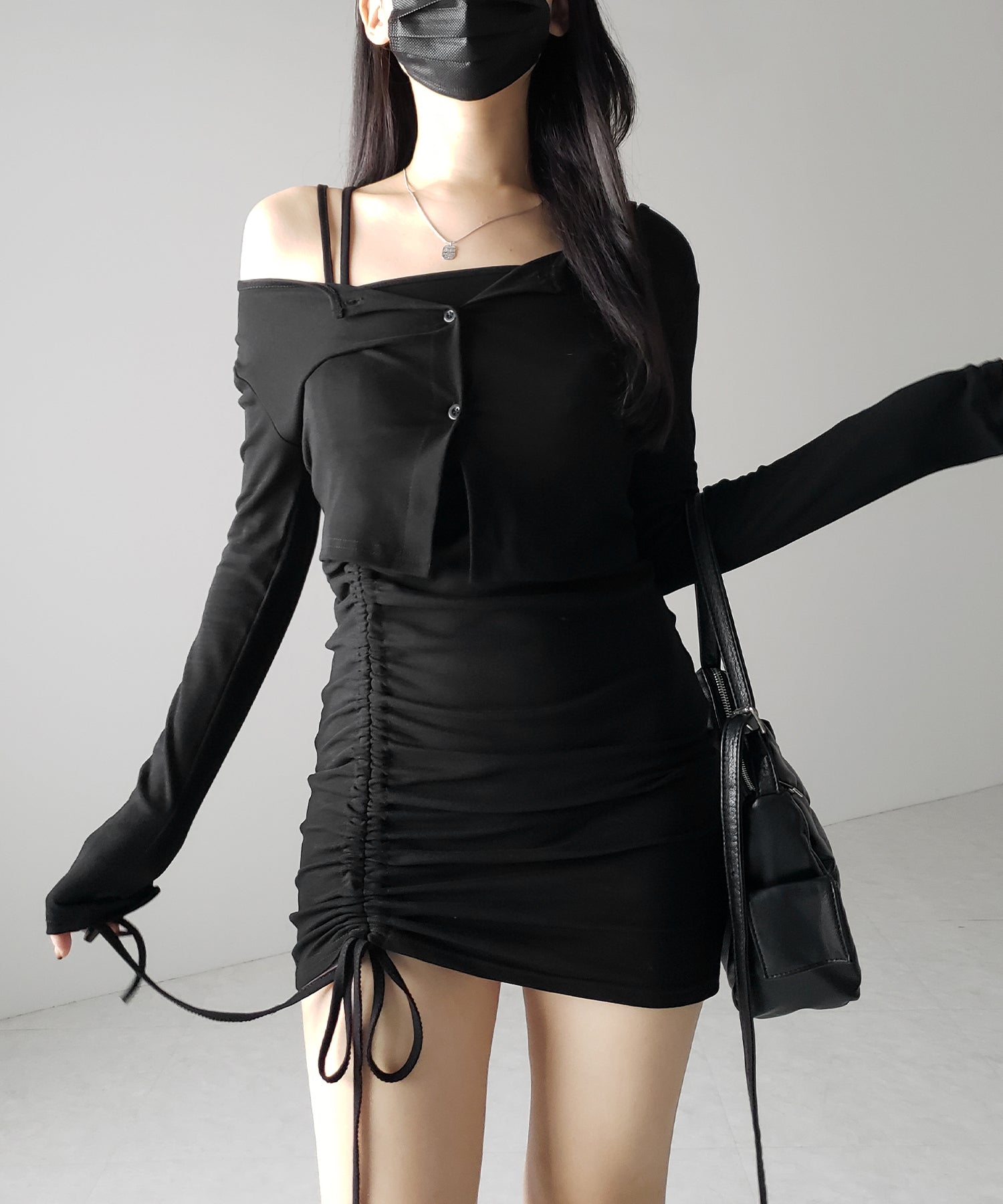 【 2点セット 】シャーリングサイドリボンミニワンピース & カーディガン SET / shirring side ribbon mini onepiece & cardigan SET