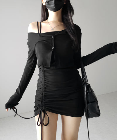 【 2点セット 】シャーリングサイドリボンミニワンピース & カーディガン SET / shirring side ribbon mini onepiece & cardigan SET