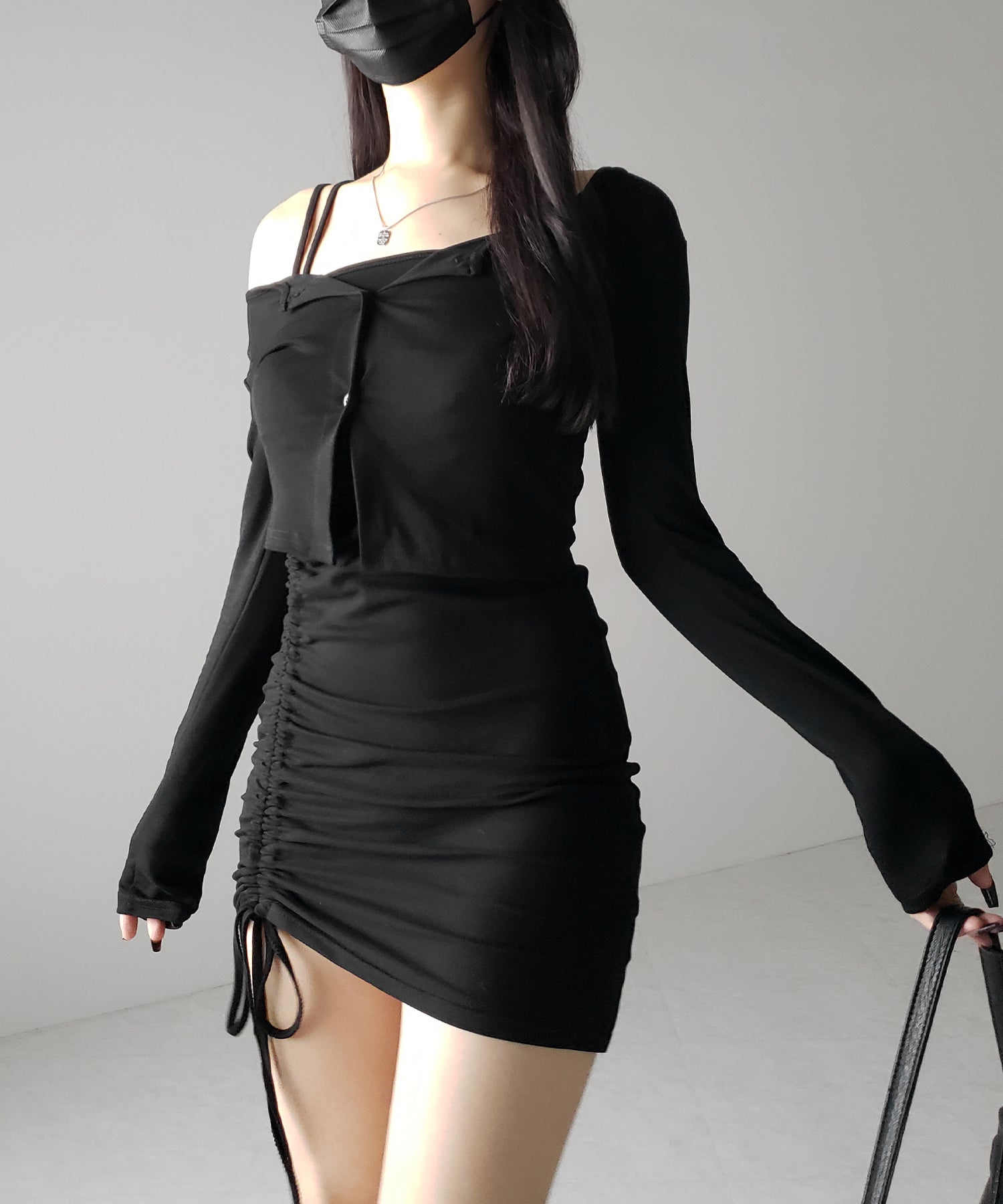 【 2点セット 】シャーリングサイドリボンミニワンピース & カーディガン SET / shirring side ribbon mini onepiece & cardigan SET