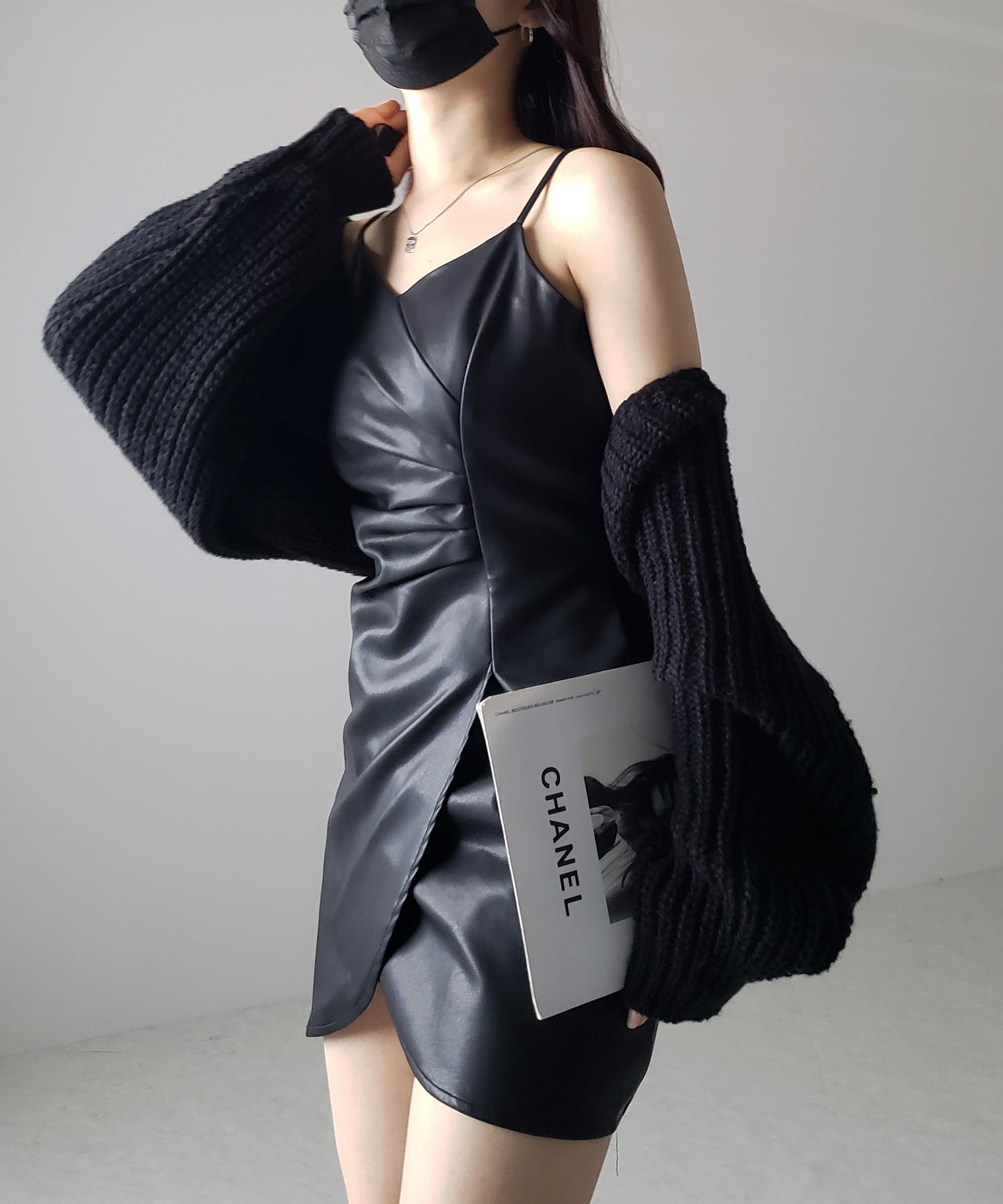サイドタックフェイクレザーミニキャミワンピース / side tack fake leather mini cami onepiece