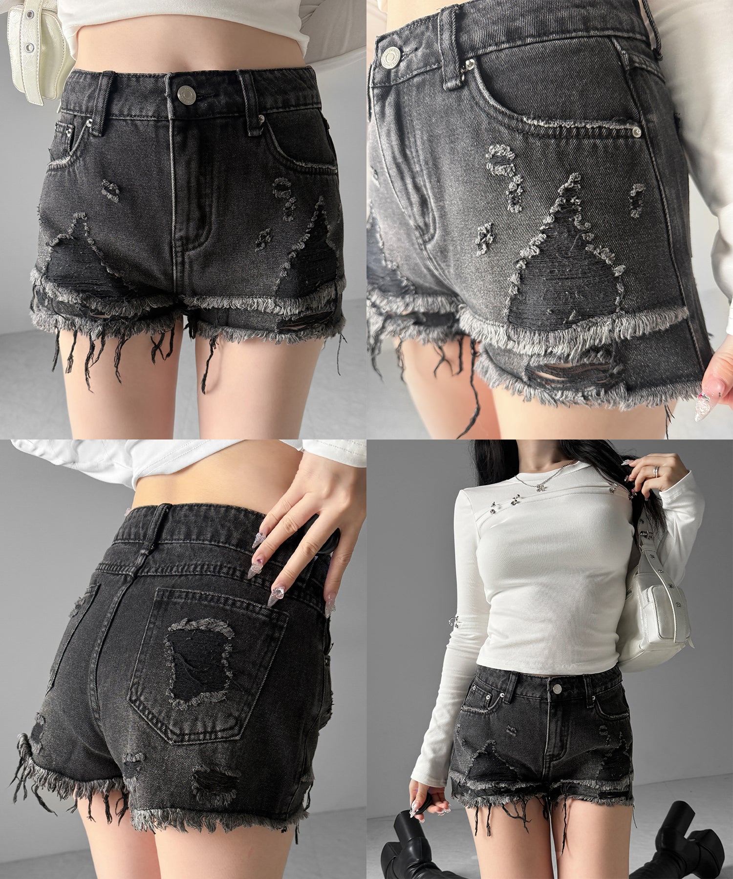 クラッシュダメージダブルフリンジデニムショートパンツ/crash damage double fringe denim short pants