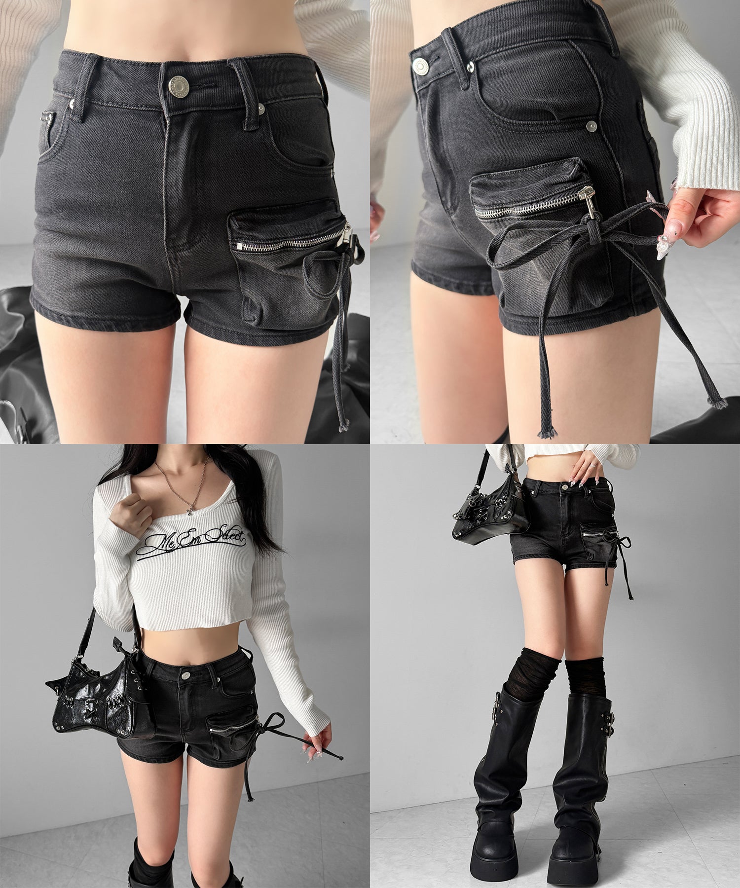 リボンストリングカーゴポケットデニムショートパンツ/ribbon string cargo pocket denim short pants