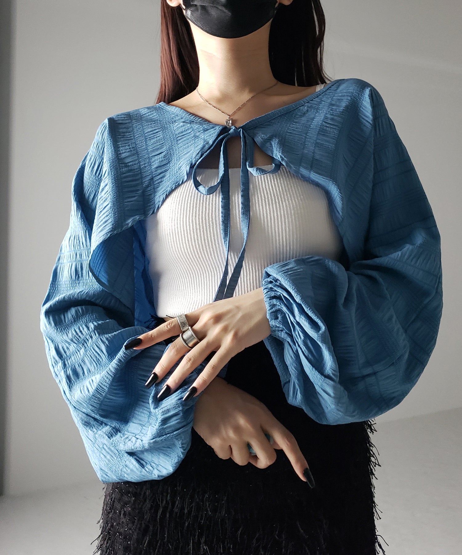 【 7color 】フロントリボンシャーリングショートボレロカーディガン