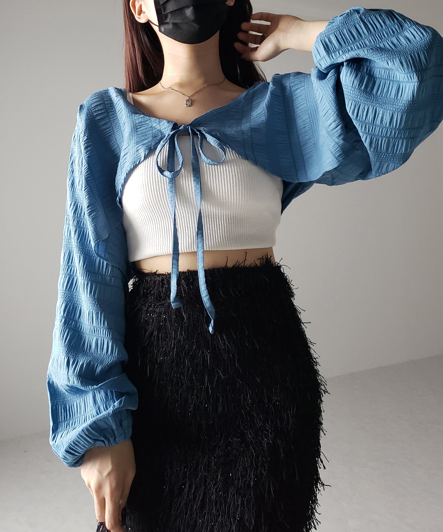 【 7color 】フロントリボンシャーリングショートボレロカーディガン