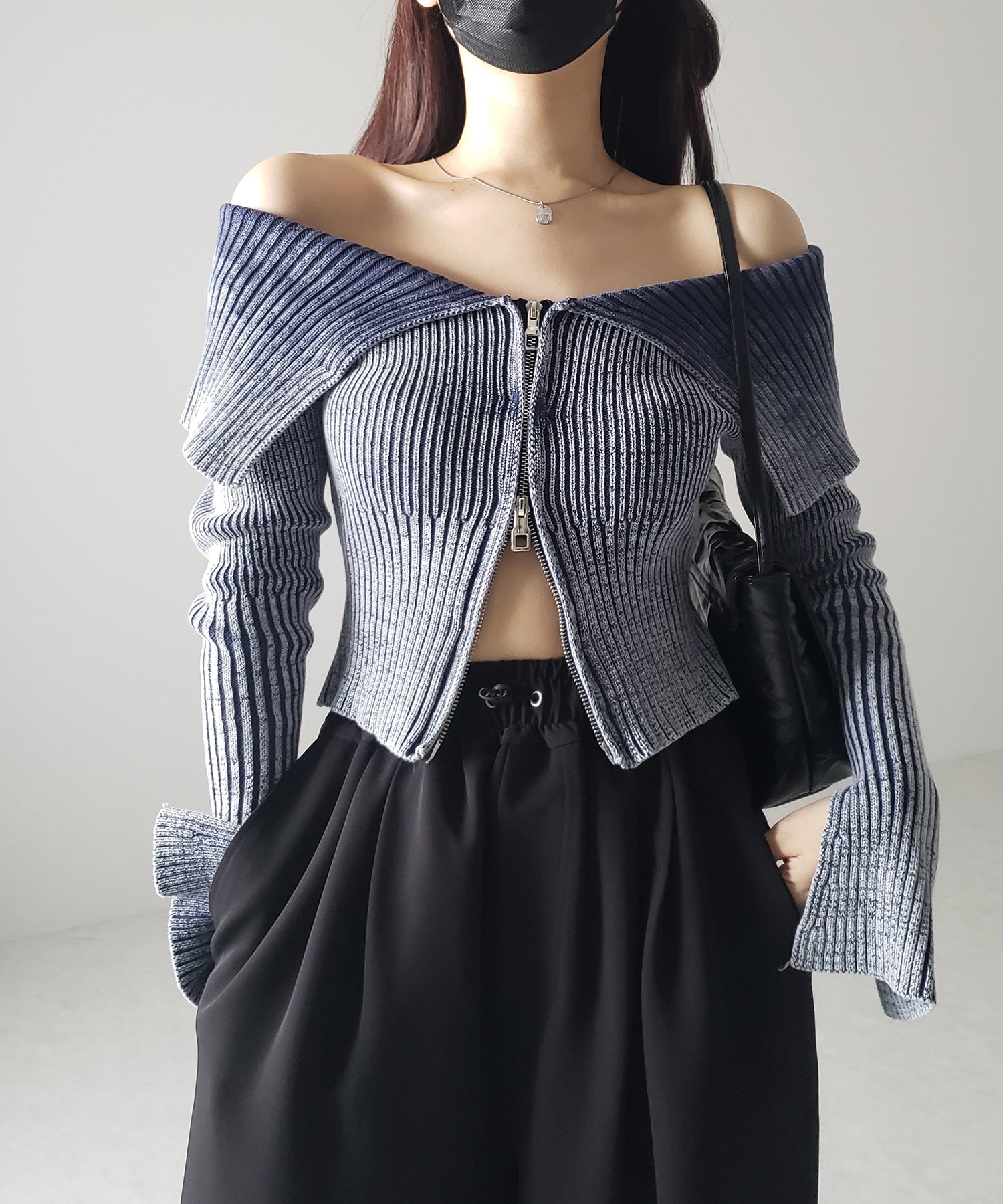 【 3color 】ダブルジップスリットオフショルリブニット
