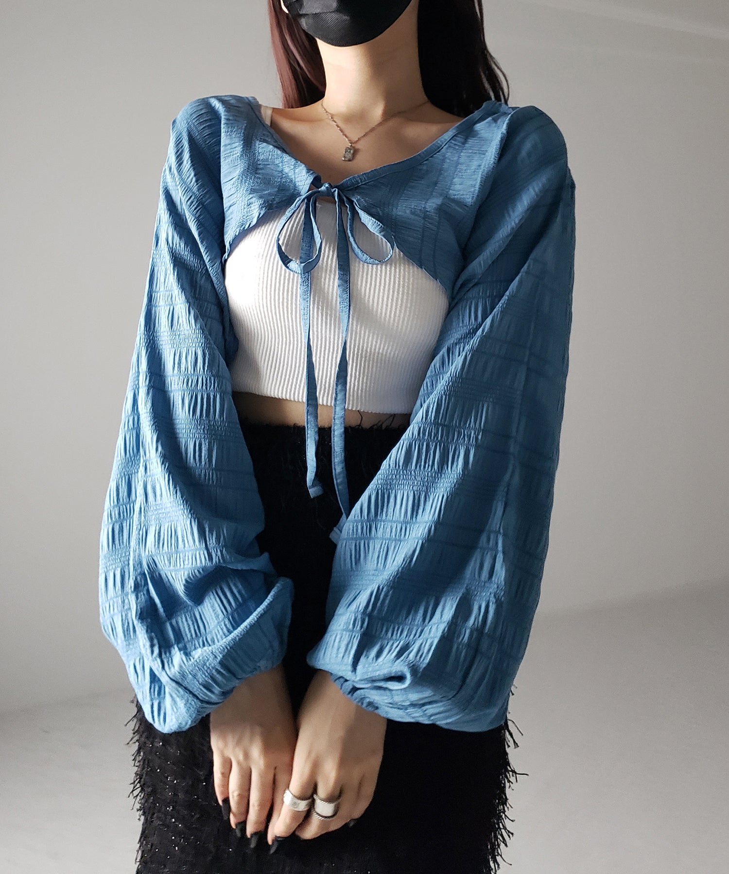 【 7color 】フロントリボンシャーリングショートボレロカーディガン
