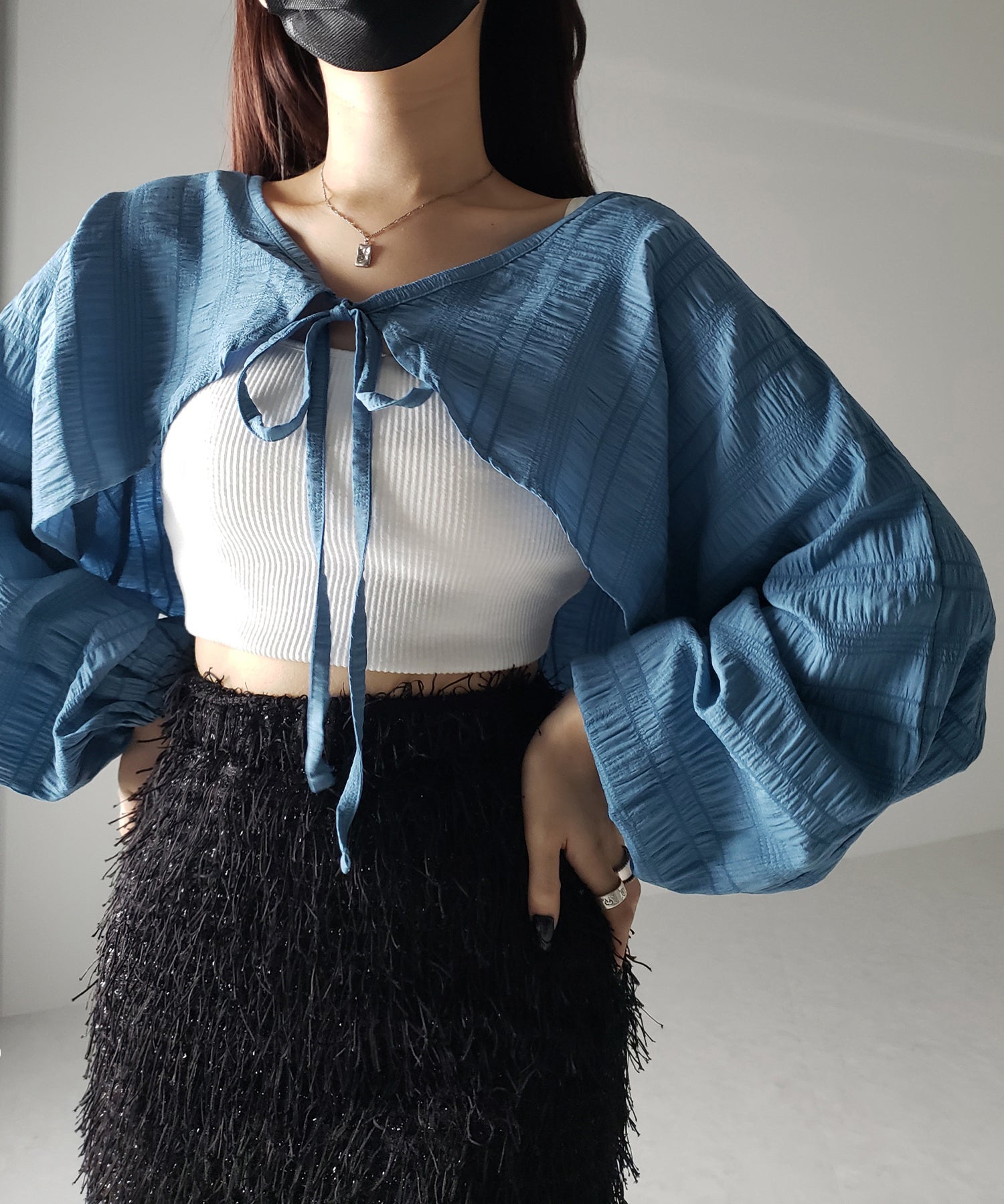 【 7color 】フロントリボンシャーリングショートボレロカーディガン