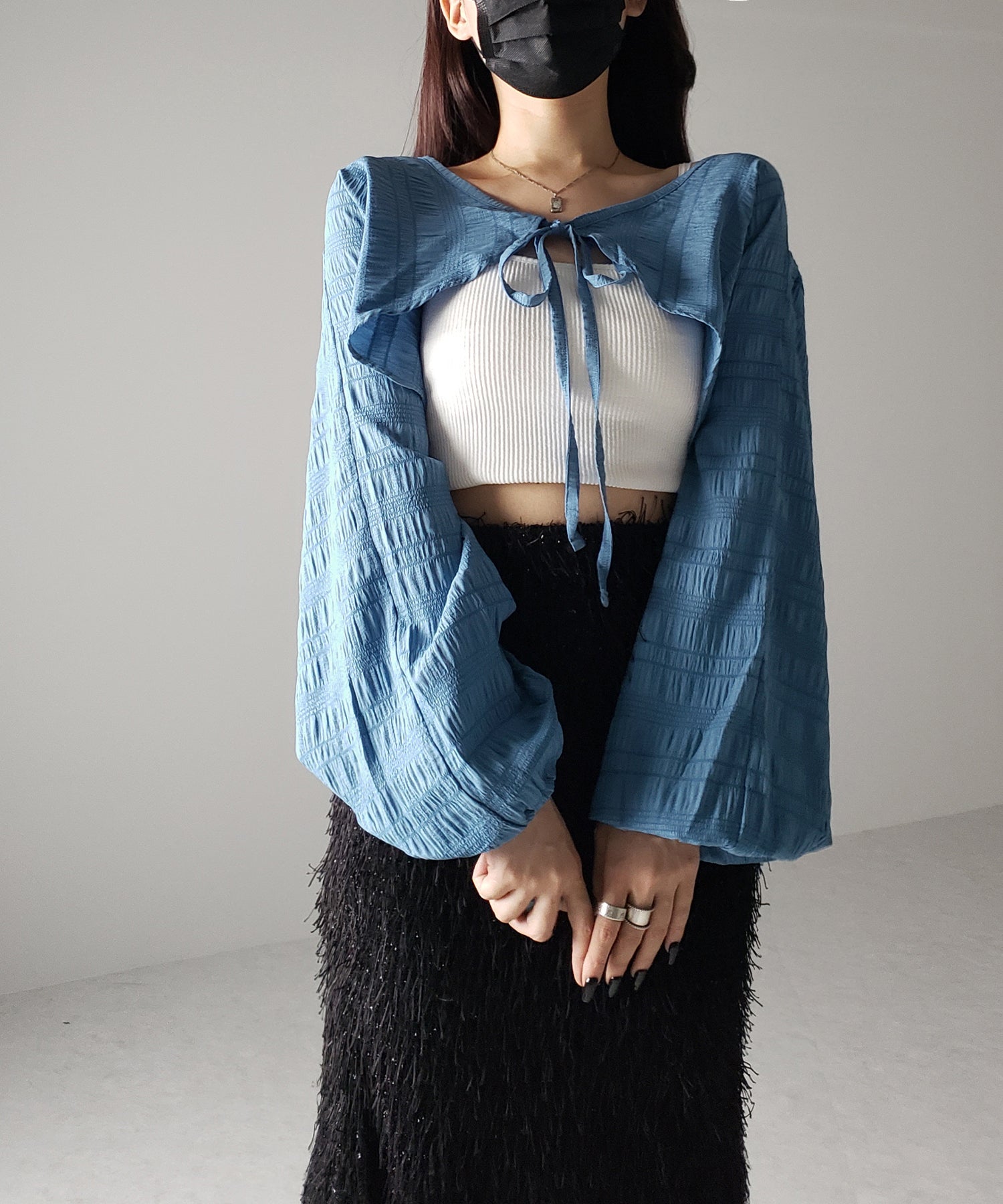 【 7color 】フロントリボンシャーリングショートボレロカーディガン