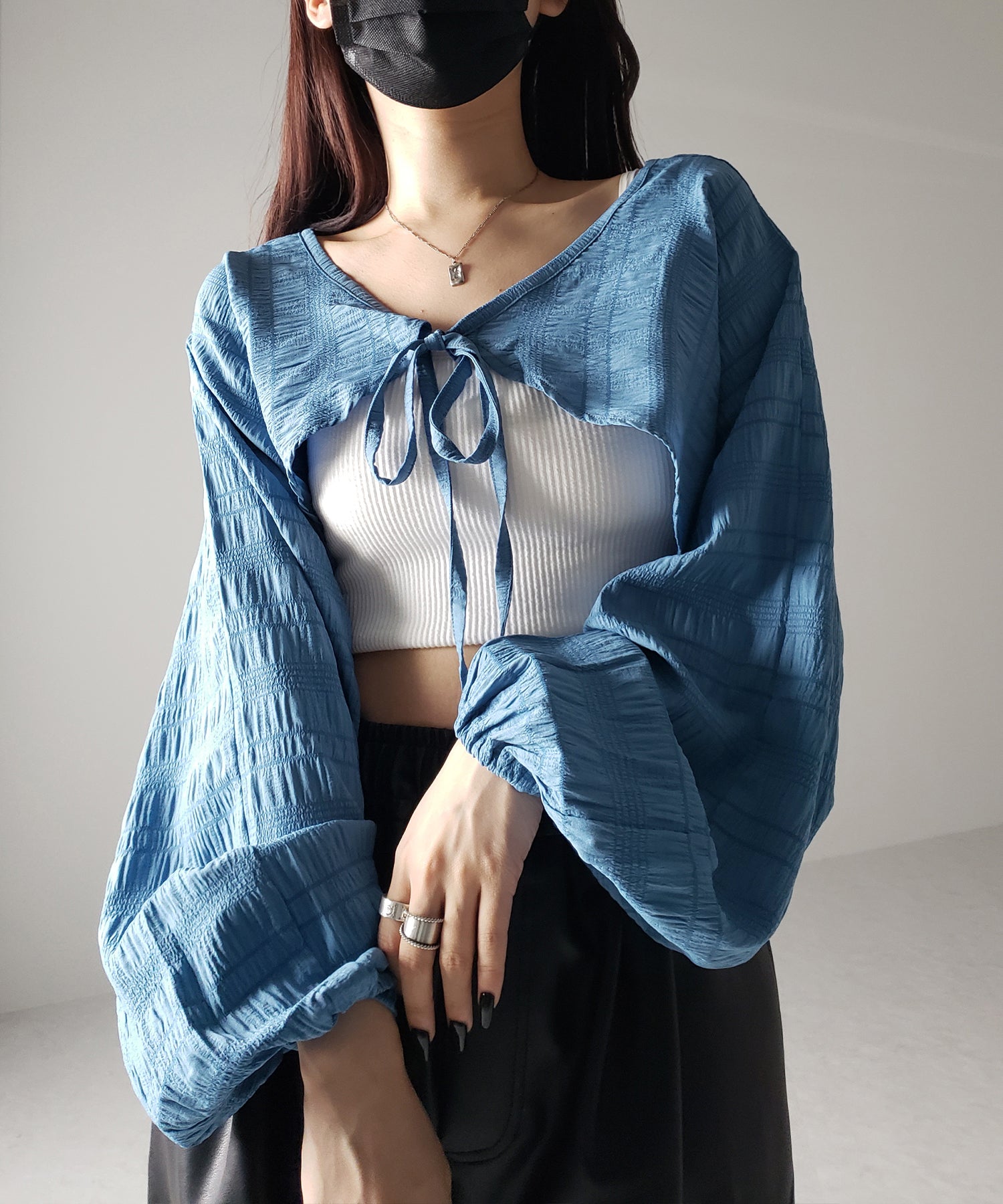 【 7color 】フロントリボンシャーリングショートボレロカーディガン