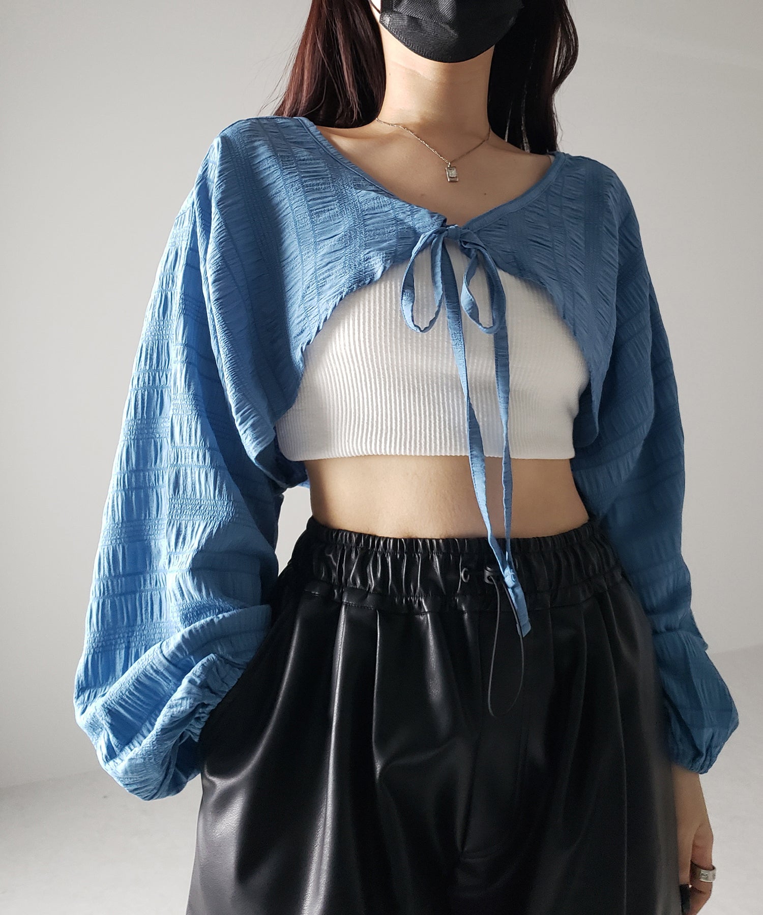 【 7color 】フロントリボンシャーリングショートボレロカーディガン