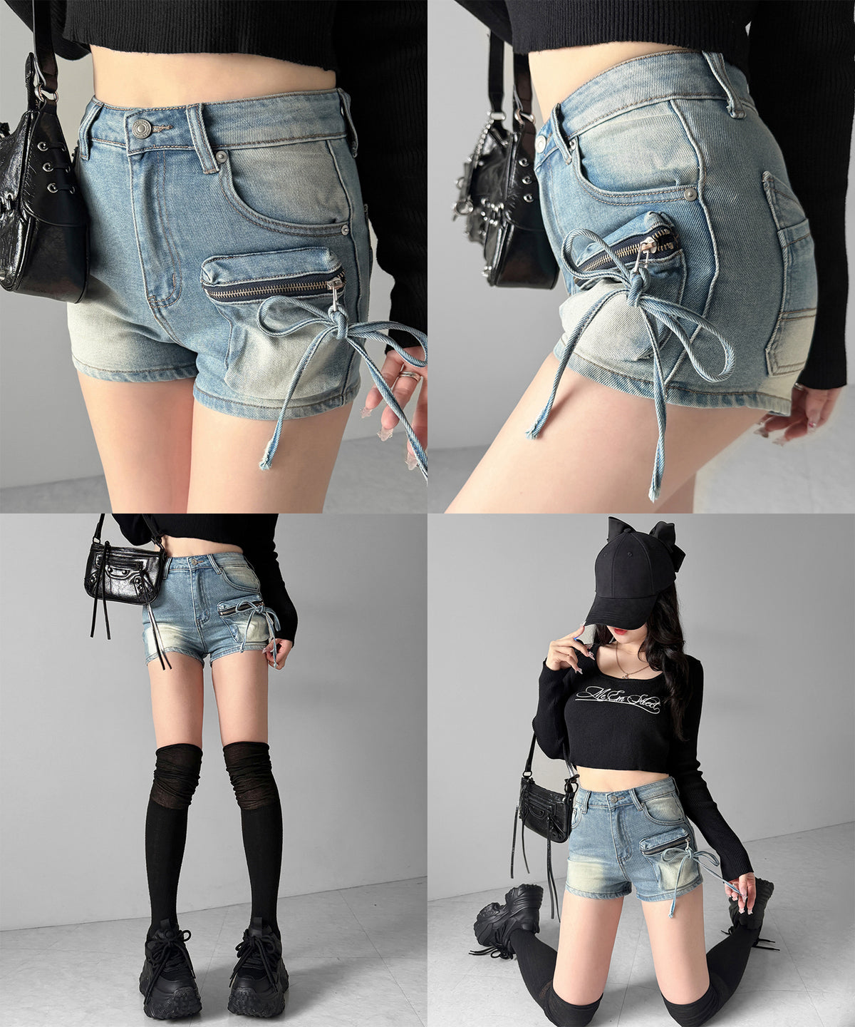 リボンストリングカーゴポケットデニムショートパンツ/ribbon string cargo pocket denim short pants