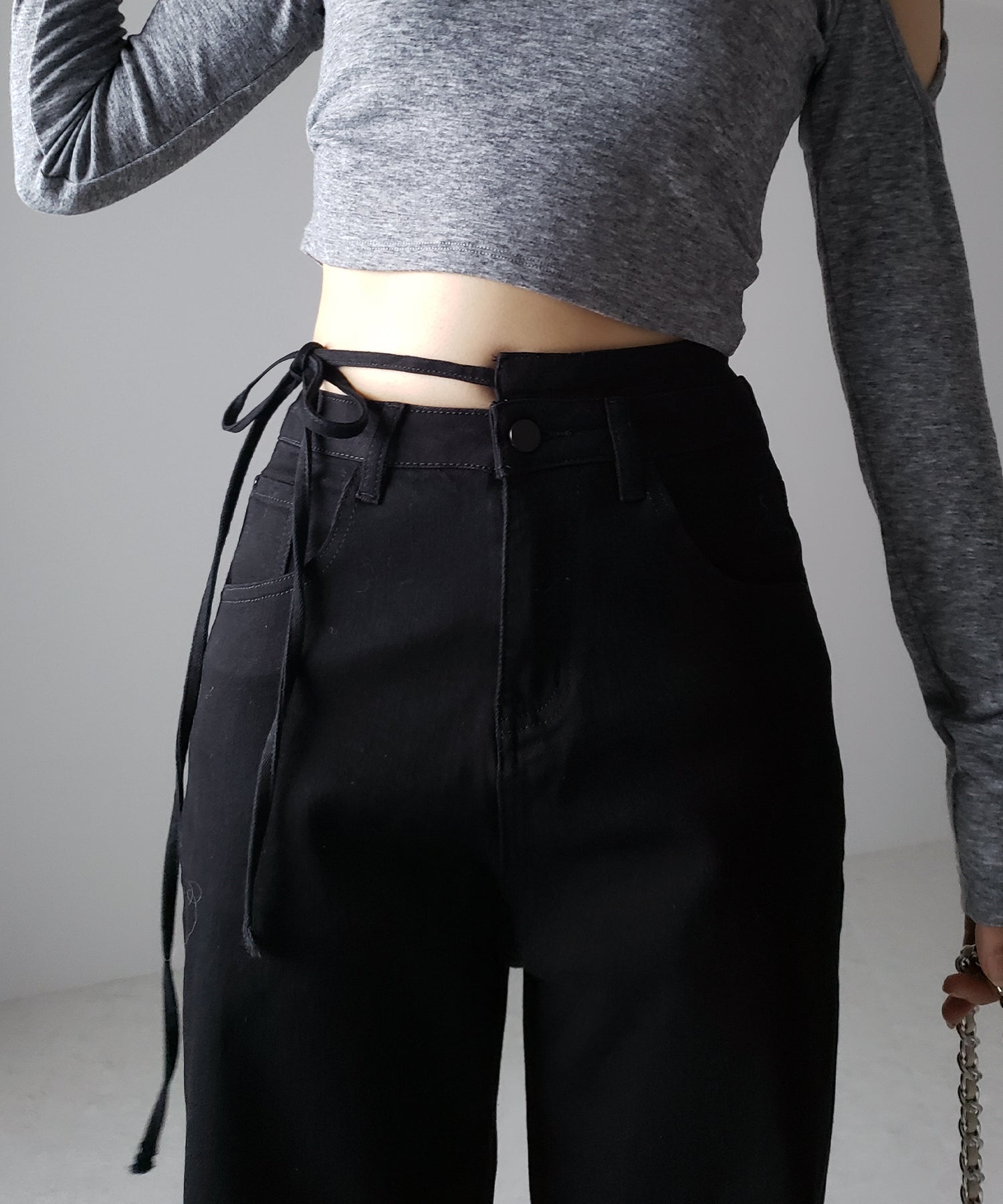 【 4color 】カットアウトサイドリボンウォッシュストレートデニム