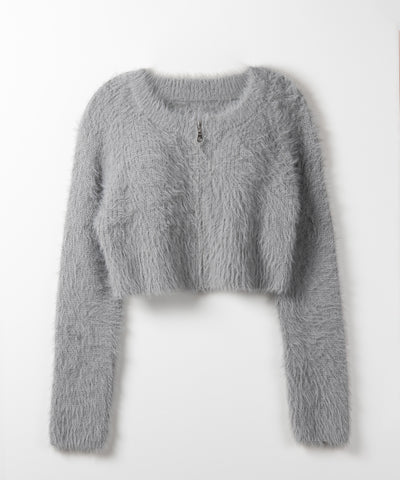 フロントジップショートシャギーニットカーディガン / front zip short shaggy knit cardigan
