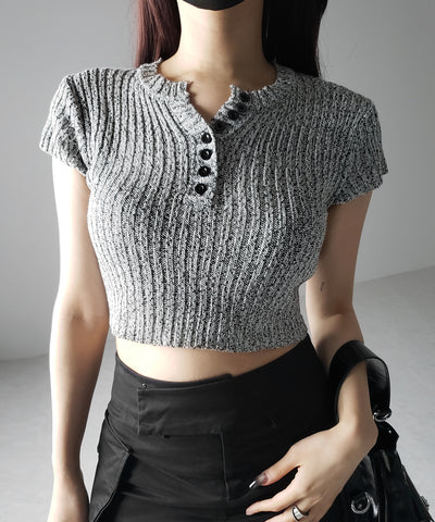 キーネックショートサマーリブニットトップス / Key neck short summer rib knit tops