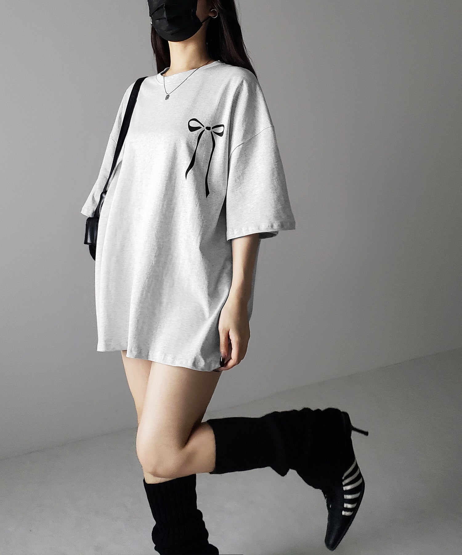 【 3color 】半袖リボンプリントバレエコアビッグTシャツ / short sleeve ribbon print ballet core big Tee