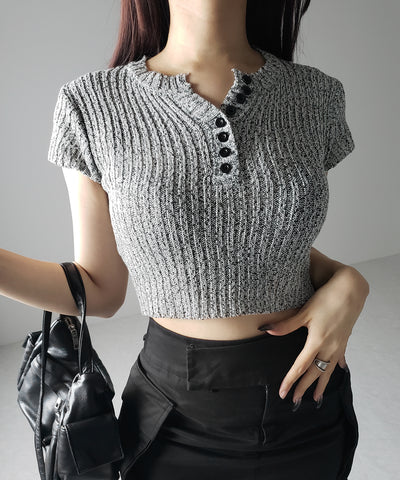 キーネックショートサマーリブニットトップス / Key neck short summer rib knit tops