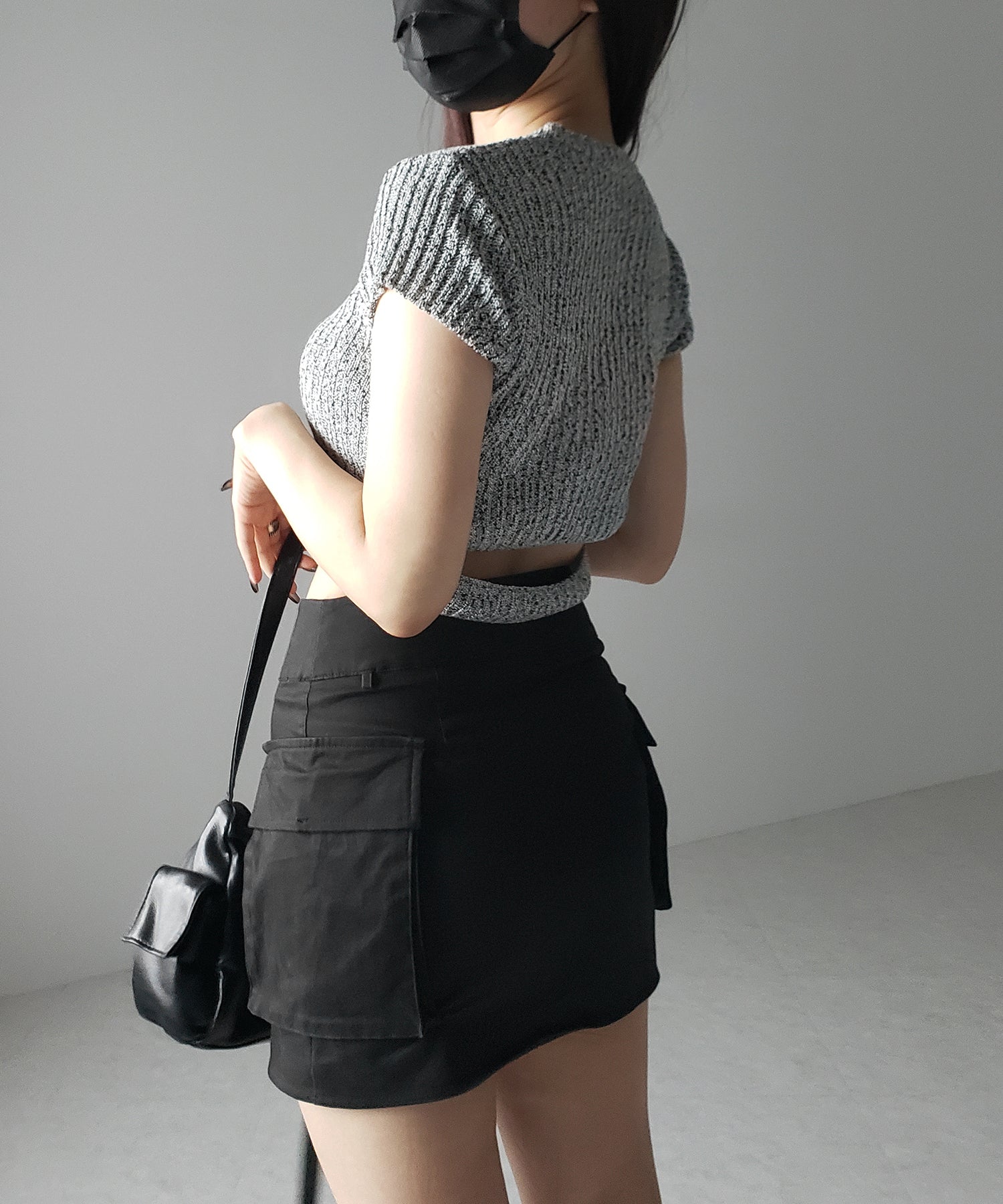 キーネックショートサマーリブニットトップス / Key neck short summer rib knit tops