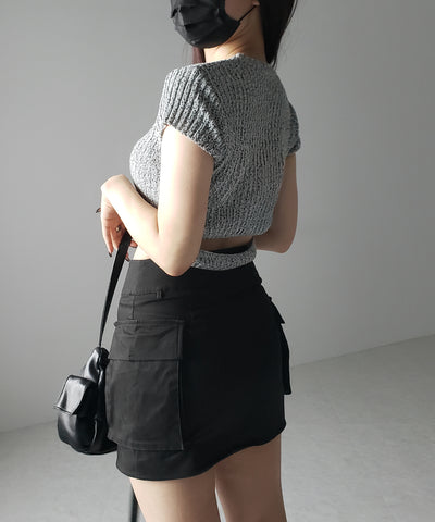 キーネックショートサマーリブニットトップス / Key neck short summer rib knit tops