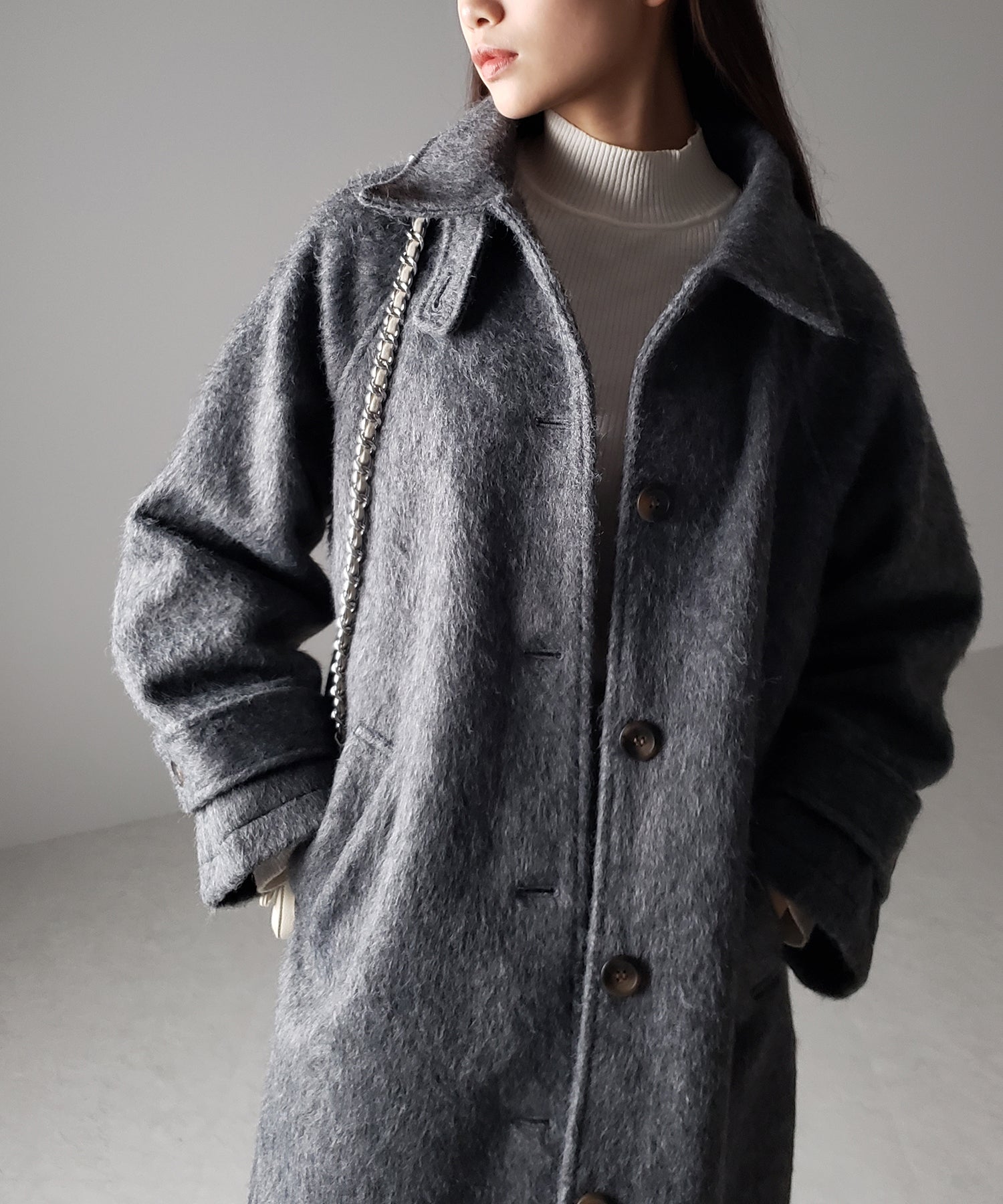 【 3color / 2WAY 】オーバーサイズスタンドカラーシャギーメルトンロングコート