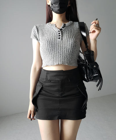 キーネックショートサマーリブニットトップス / Key neck short summer rib knit tops