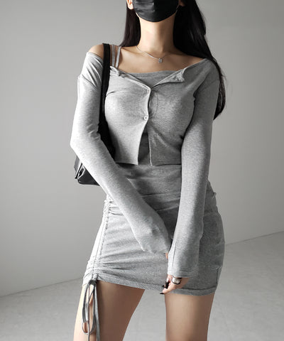 【 2点セット 】シャーリングサイドリボンミニワンピース & カーディガン SET / shirring side ribbon mini onepiece & cardigan SET
