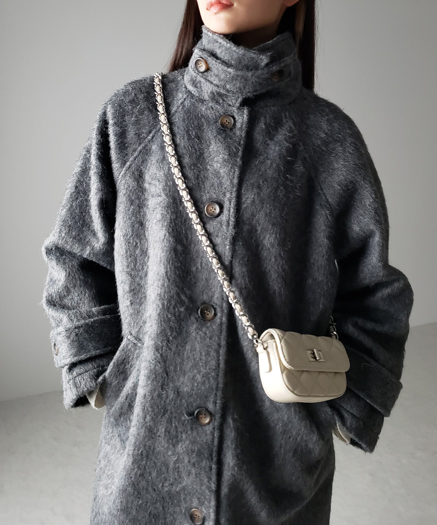 【 3color / 2WAY 】オーバーサイズスタンドカラーシャギーメルトンロングコート
