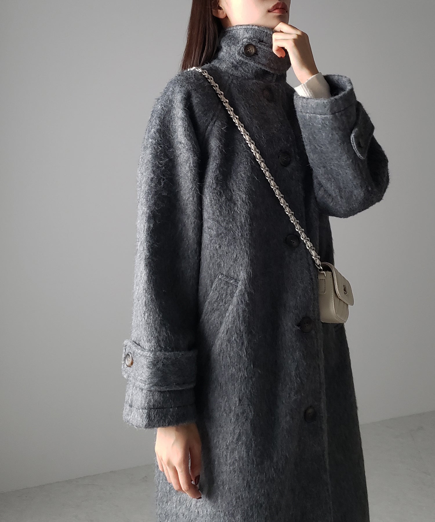 【 3color / 2WAY 】オーバーサイズスタンドカラーシャギーメルトンロングコート