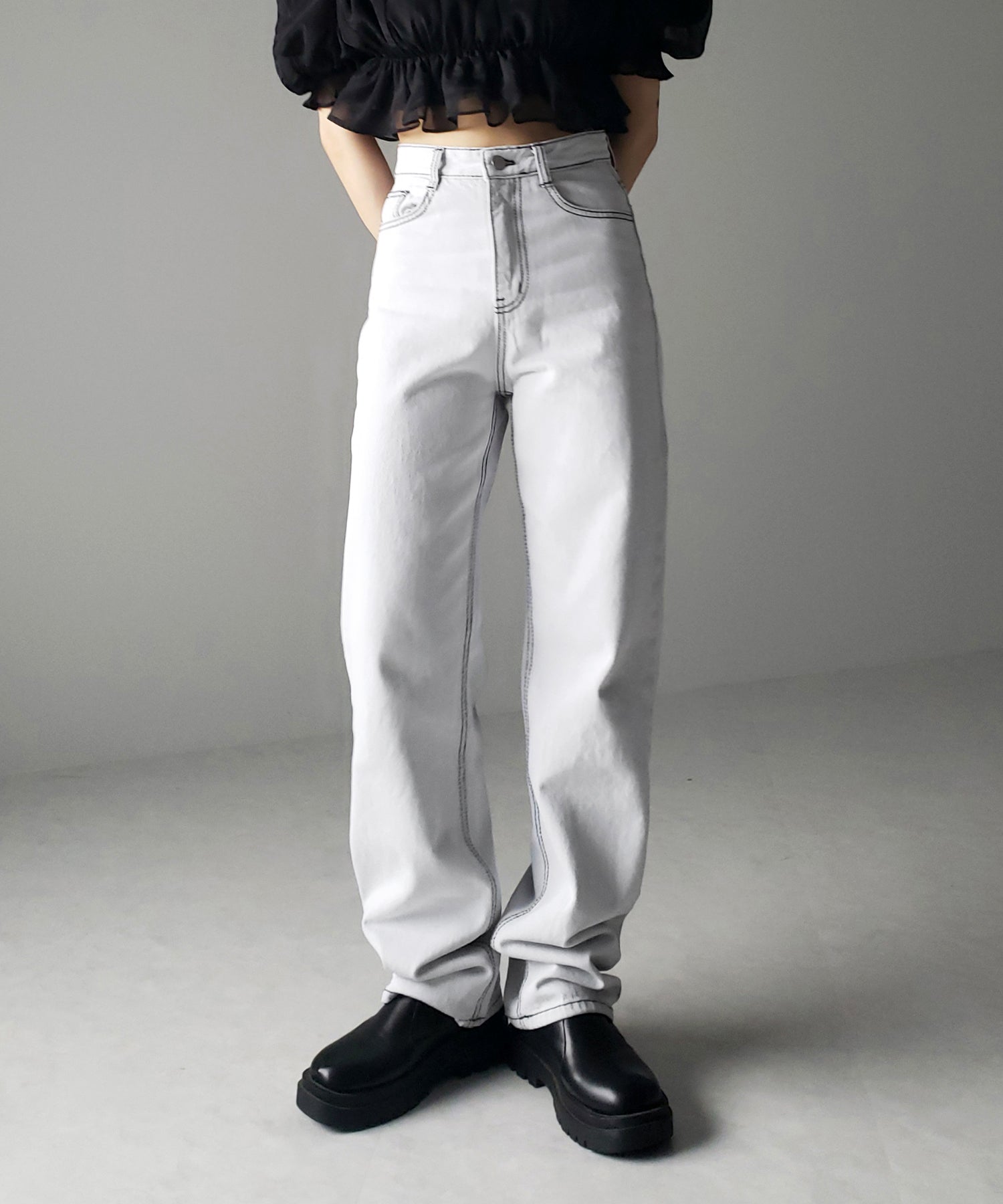 【 2color / 3size 】ハイウエストウォッシングロングデニムパンツ