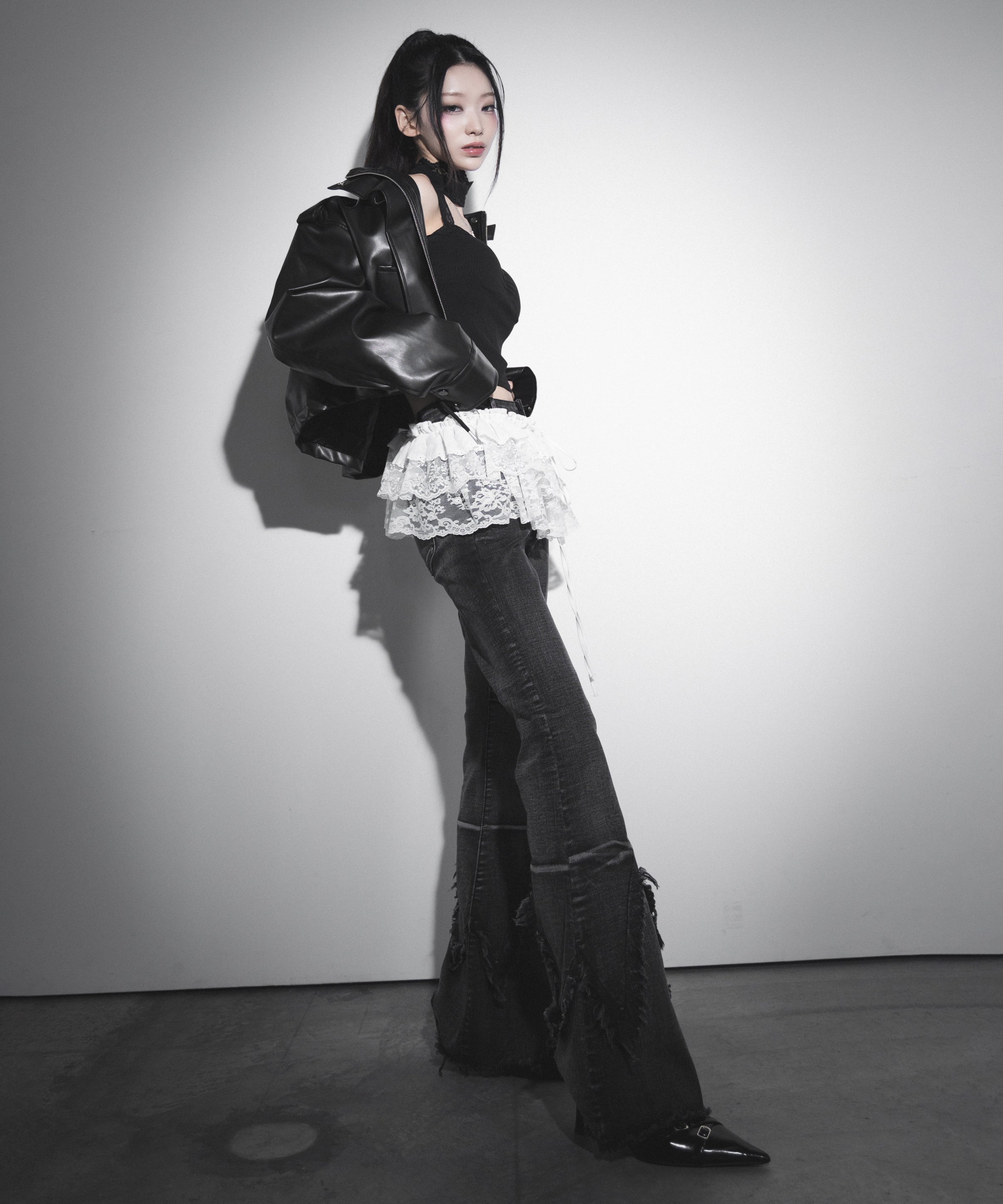 クロスデザインヴィンテージライクフリンジストレッチフレアデニム / cross design vintage-like fringe stretch flare denim