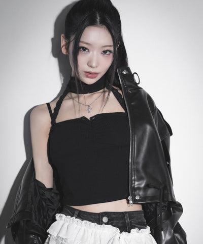 【 カップ付 】レースチョーカーストラップリブキャミソール / lace choker strap lib camisole