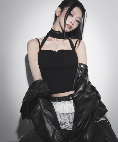 【 カップ付 】レースチョーカーストラップリブキャミソール / lace choker strap lib camisole