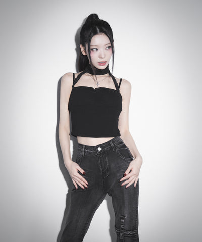 【 カップ付 】レースチョーカーストラップリブキャミソール / lace choker strap lib camisole